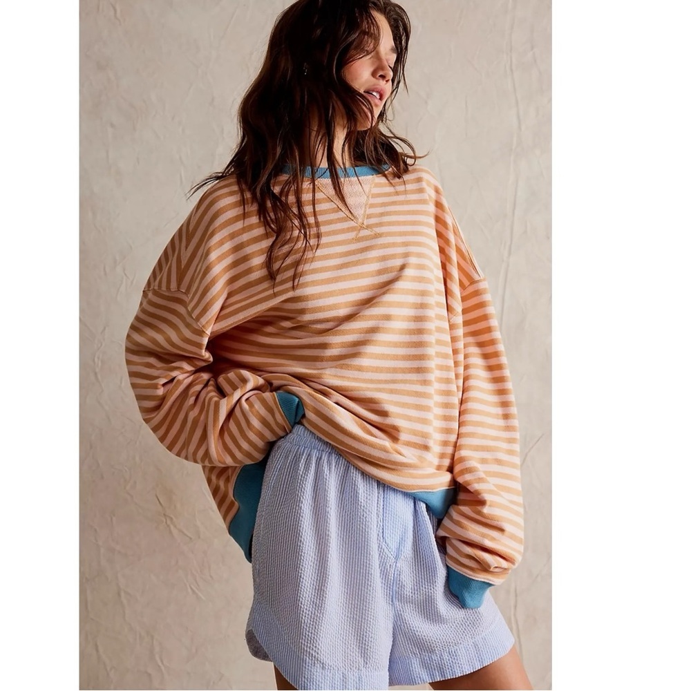 Free People Classic Striped Oversized Crewneck Latte Combo Size Large NEW